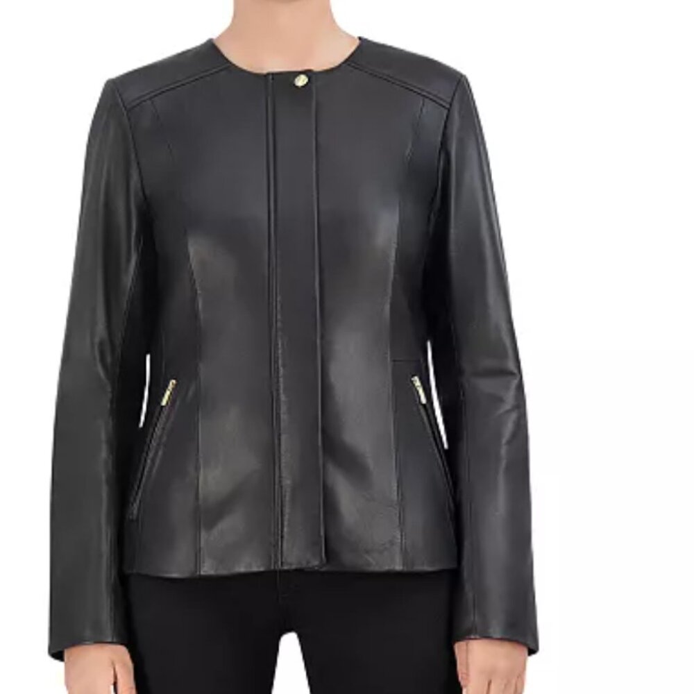 Cole Haan Collarless Leather Jacket
